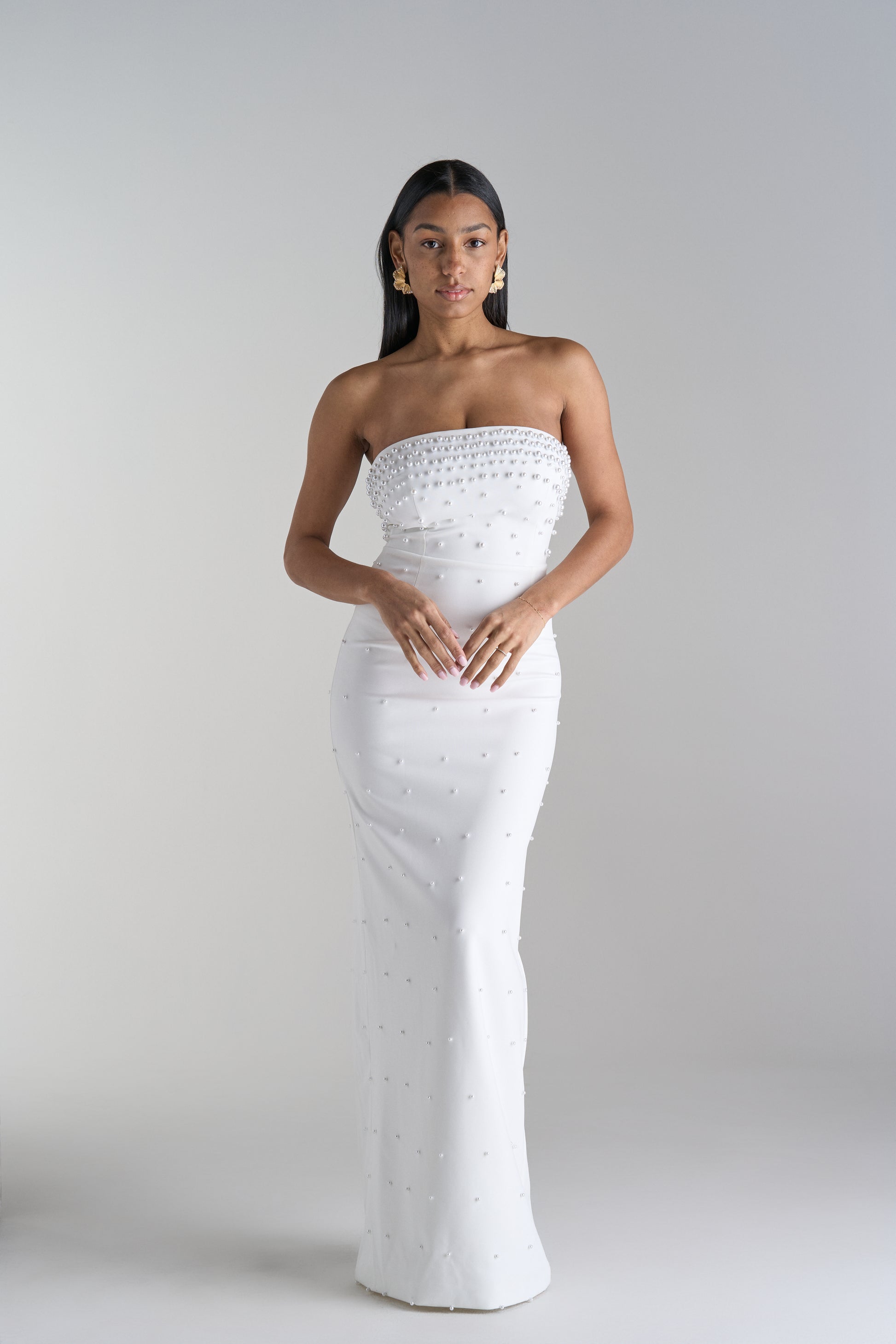 Model Wearing Long Pearl Dress for Bridal Party